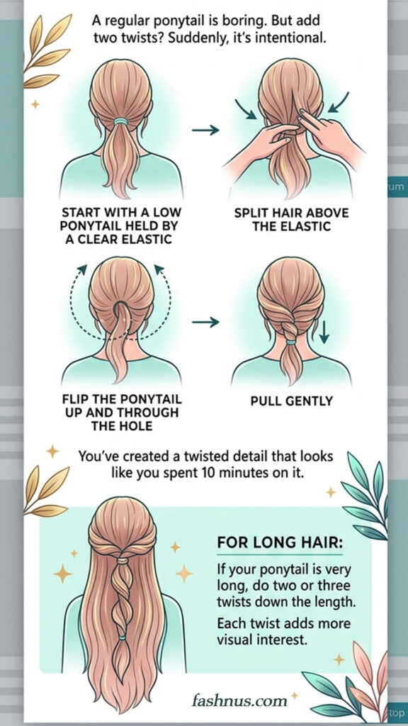 An infographic titled "A regular ponytail is boring. But add two twists? Suddenly, it's intentional," showing a step-by-step hair tutorial for a "topsy-tail" or twisted ponytail style. The four steps are: 1) Start with a low ponytail secured with a clear elastic. 2) Create a hole in the hair just above the elastic. 3) Flip the ponytail up and through the hole. 4) Pull gently to tighten. A final section, "For Long Hair," suggests repeating this process down the length of the hair for additional visual interest. The style is illustrated on a blonde woman shown from the back.