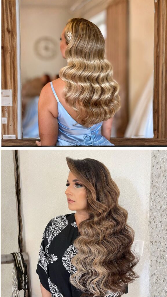 Collage of two glamorous soft Hollywood wave prom hairstyles on long hair—top image shows glossy blonde waves cascading down the back with a sparkling hair clip, while the bottom image features voluminous brunette waves styled to one side for an elegant, red-carpet-inspired look.
