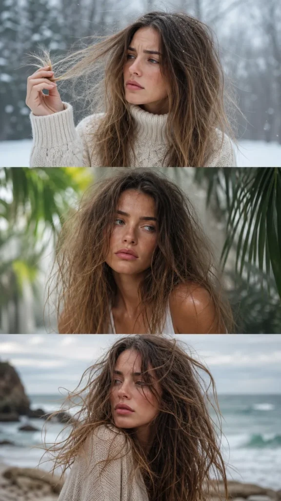 Vertical collage of a young Western woman illustrating seasonal hair challenges: static and flyaways in a snowy winter, frizzy and poofy hair in a humid summer, and tangled, windblown hair in a coastal environment. The image highlights the need for seasonal hair protection swaps.
