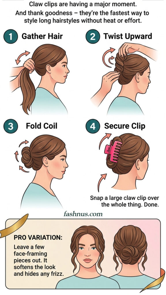 An instructional infographic titled "Claw clips are having a major moment," demonstrating how to use a large claw clip for a heatless hairstyle. The guide features four numbered steps: 1) Gather hair into a low ponytail. 2) Twist the hair upward against the back of the head. 3) Fold the remaining coil of hair downward. 4) Secure the style by snapping a large claw clip over the twisted hair. A "Pro Variation" section at the bottom suggests leaving a few strands of hair out to frame the face, which is illustrated in both front and back views of a woman with brown hair.