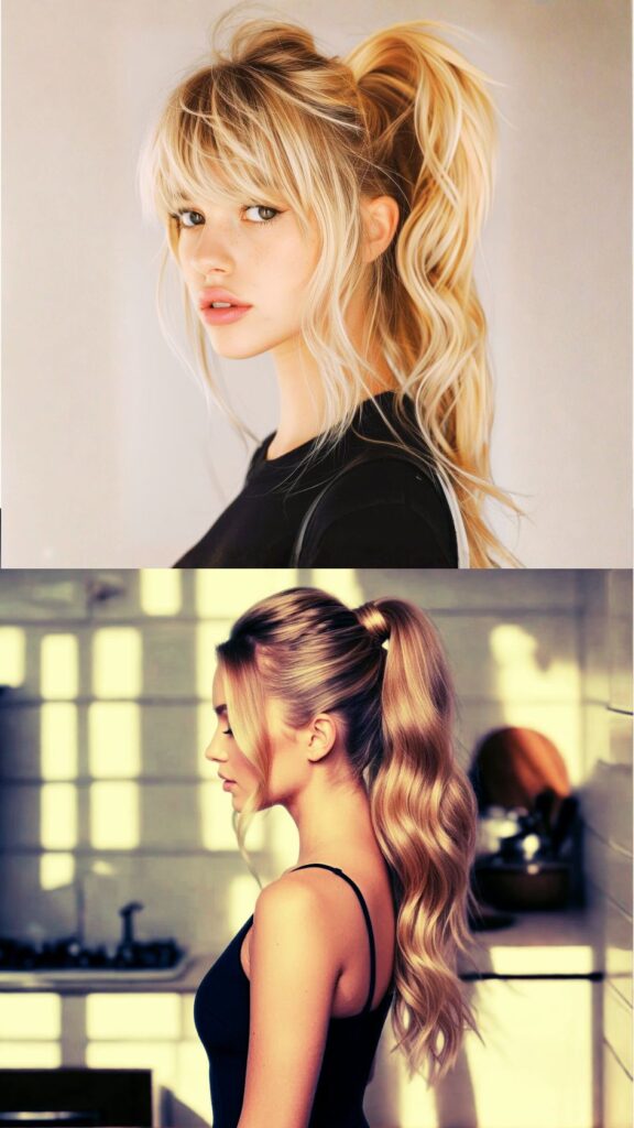Collage of two voluminous ponytail hairstyles perfect for prom or special events—top image features a blonde high ponytail with soft waves, wispy bangs, and face-framing strands, while the bottom image shows a sleek, full ponytail with loose waves and elegant volume for a polished, glamorous look.