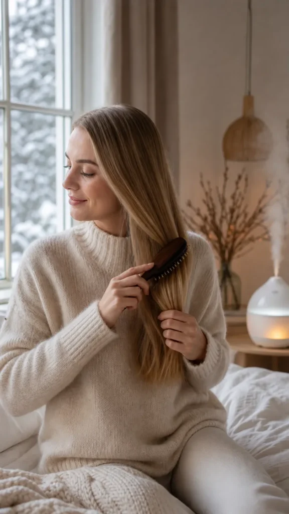 A beautiful young Western woman in a cozy wool sweater brushing her smooth, healthy hair with a boar bristle brush in a modern Scandinavian-style bedroom. A humidifier is visible in the background, representing winter hair care hacks to prevent static. No text overlays.