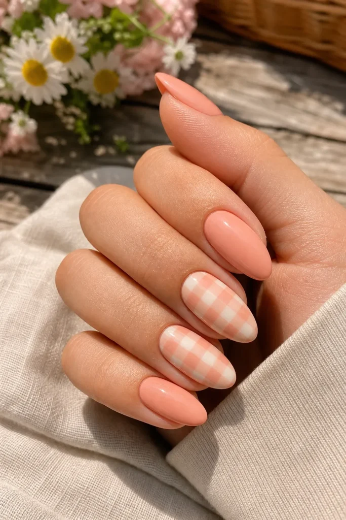 Close-up of almond-shaped peach nails with pastel gingham checkerboard print accent nails in peach and white, resting on a white linen cloth against a rustic wooden surface with soft white and pink daisy flowers in the background - pastel checkerboard gingham print nail design inspiration from fashnus.com.
