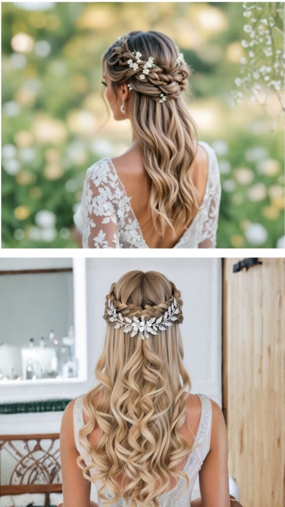 A vertical collage showing two back-view examples of half-up braided prom hairstyles. The top image features a woman with honey-blonde hair in a soft, Dutch-braided crown accented with tiny white flowers and loose, beachy waves. The bottom image shows a woman with long, golden-blonde hair styled in a structured braided crown, pinned with a sparkling silver leaf-and-flower hairpiece above defined, polished ringlet curls.
