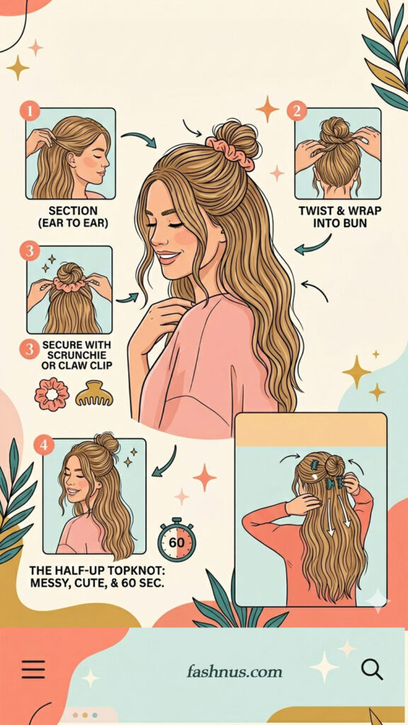 An instructional infographic titled "The half-up topknot: messy, cute, & 60 sec." showing how to create a simple half-up hairstyle. The steps include: 1) Sectioning the top part of the hair from ear to ear. 2) Twisting and wrapping that section into a bun. 3) Securing the bun with a scrunchie or a claw clip. The graphic also shows an alternative styling method in the bottom right corner, where the hair is secured with two small claw clips. The main image features a woman with long, wavy blonde hair wearing the finished half-up topknot style.