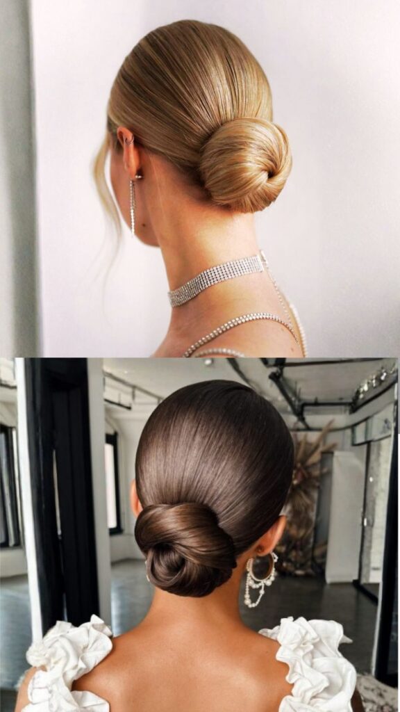 A vertical collage showcasing two examples of a sleek, low-seated ballerina bun. The top image shows a woman with golden blonde hair pulled back into a smooth, glossy bun at the nape of the neck, paired with a sparkling rhinestone choker. The bottom image features a woman with dark brunette hair in an identical polished bun, displaying a high-shine, editorial finish and accessorized with large pearl-drop hoop earrings. Both styles highlight a frizz-free, elegant look perfect for humid weather.