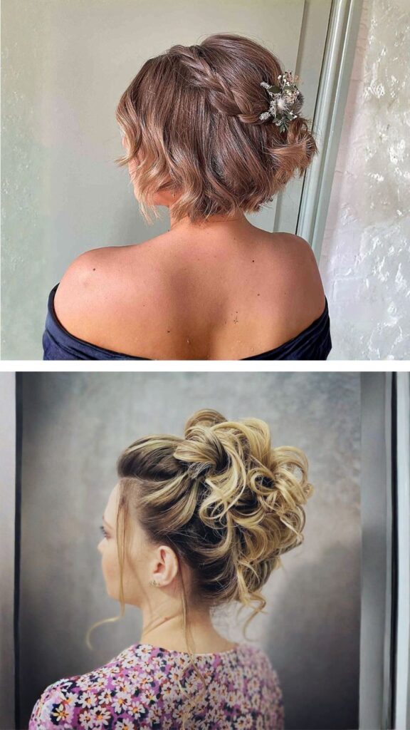 A vertical collage displaying two creative updos for short hair. The top image shows a wavy, rose-gold bob styled with a delicate side braid and a rustic floral hair clip featuring greenery and small white blossoms. The bottom image features a blonde bob transformed into a voluminous faux-updo, with high-texture curls pinned at the crown to create height, leaving a few soft strands framing the face. Both looks demonstrate how to style shorter lengths for a formal event.