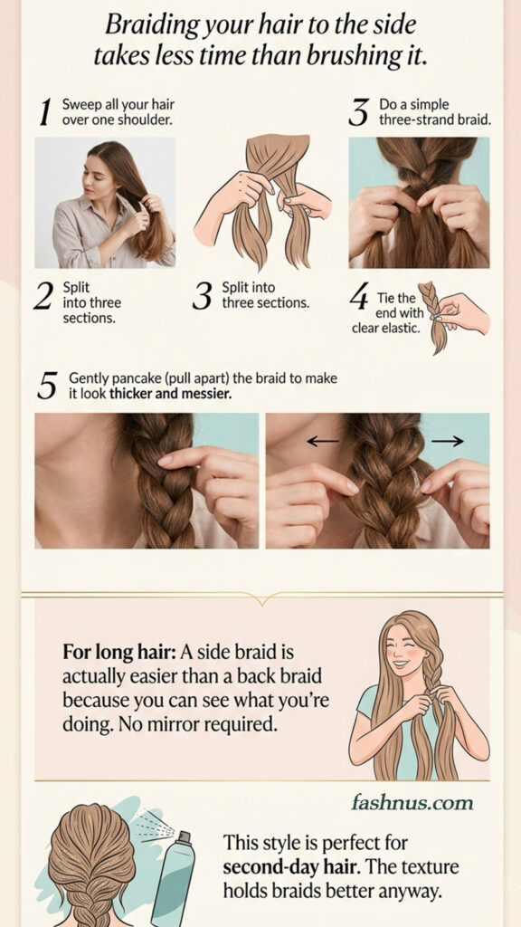 An instructional infographic titled "Braiding your hair to the side takes less time than brushing it." The steps are: 1) Sweep all your hair over one shoulder. 2) Split the hair into three sections. 3) Do a simple three-strand braid. 4) Tie the end with a clear elastic. 5) Gently "pancake" (pull apart) the braid to make it look thicker and messier. Additional sections include a note for those with long hair, mentioning that a side braid is easier because it can be done without a mirror, and a final tip suggesting the style is perfect for "second-day hair" because added texture helps the braid hold better.
