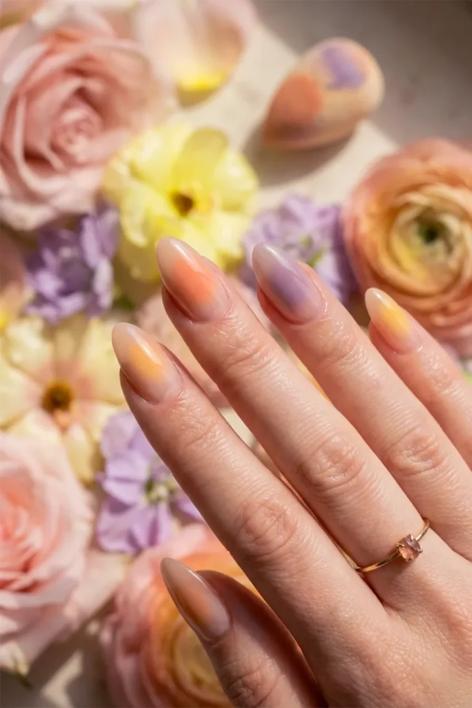A close-up photograph of a hand with a "Soft Aura Blur" manicure, displaying four almond-shaped nails that feature a hazy, dreamy reverse gradient effect. Each nail has a central soft halo of color- warm peach, soft lilac, sunny yellow, or blush pink-that diffuses outward into a transparent, sheer nude base without sharp lines. The nails have an extreme glossy finish, and the hand rests gently among soft-focus spring flower petals like roses and buttercups under warm, diffused natural light. A delicate gold ring is visible on the ring finger.