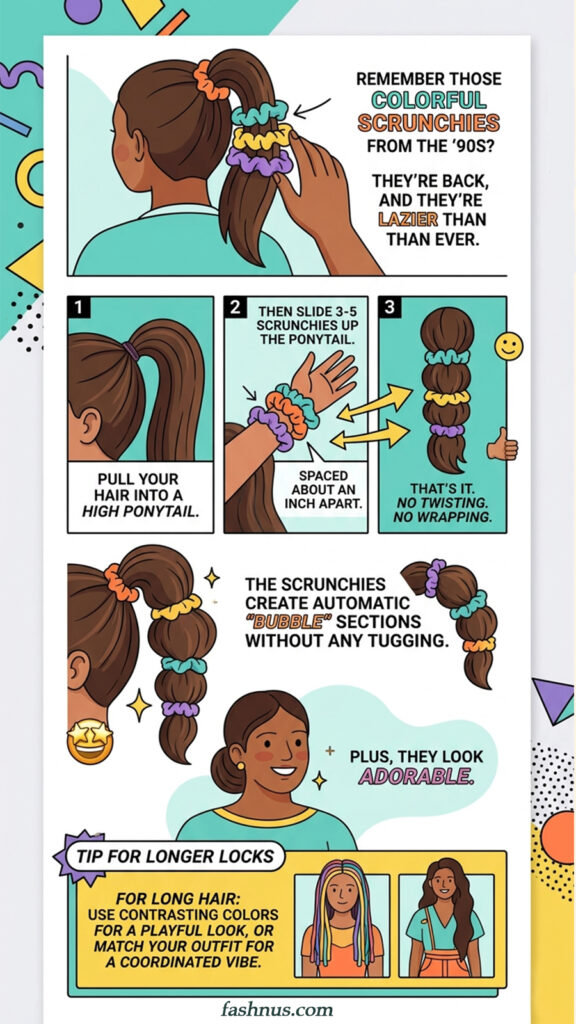 An infographic titled "Remember those colorful scrunchies from the '90s? They’re back, and they’re lazier than ever," demonstrating a quick way to style a ponytail. The three steps are: 1) Pull hair into a high ponytail. 2) Slide 3-5 colorful scrunchies onto the ponytail, spaced about an inch apart. 3) The result is a "bubble" style created without any twisting or wrapping. A "Tip for Longer Locks" section suggests using contrasting colors for a playful look or matching the scrunchies to your outfit for a coordinated vibe, illustrated with two examples of women wearing the style.