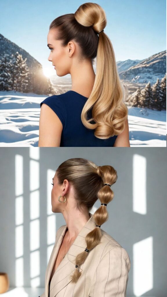 A vertical collage showcasing two high-volume ponytail variations. The top image shows a woman with smooth, dark blonde hair in a high ponytail that features a large, singular voluminous "bubble" at the base, with the rest of the hair falling in soft, thick curls. The bottom image displays a classic "bubble braid" ponytail on golden blonde hair, where the length is divided into several rounded, puffed-out sections using black elastics. Both styles emphasize a sleek, pulled-back front and dramatic texture in the back.