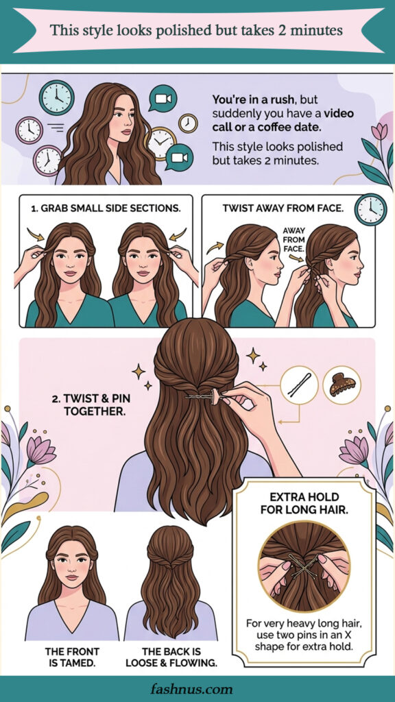 An instructional infographic titled "This style looks polished but takes 2 minutes," demonstrating a quick, heatless hairstyle for when you are in a rush. The steps show: 1) Grabbing small sections of hair on either side of the face and twisting them away from the face. 2) Bringing the two twisted sections together at the back of the head and securing them with a hair pin or small claw clip. A final section, "Extra Hold for Long Hair," suggests crossing two bobby pins in an "X" shape to provide additional security for longer or heavier hair. The result is a half-up style where the front is tamed and the back remains loose and flowing.