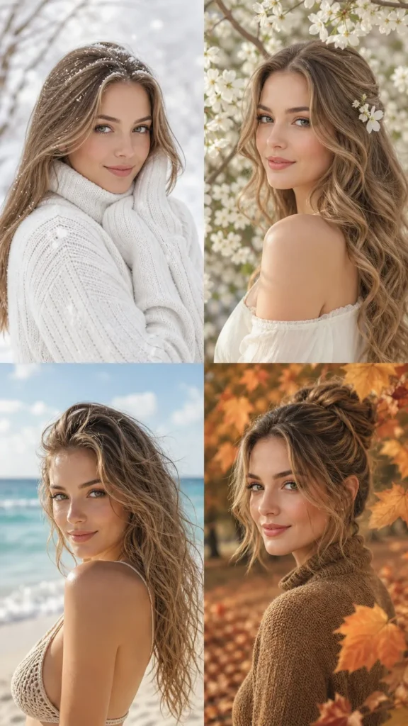 A creative four-panel vertical collage of a beautiful young Western woman illustrating hair care across the four seasons: winter with smooth hair in a cozy sweater, spring with soft waves and blossoms, summer with textured beach curls, and fall with a stylish updo among autumn leaves. No text overlays.