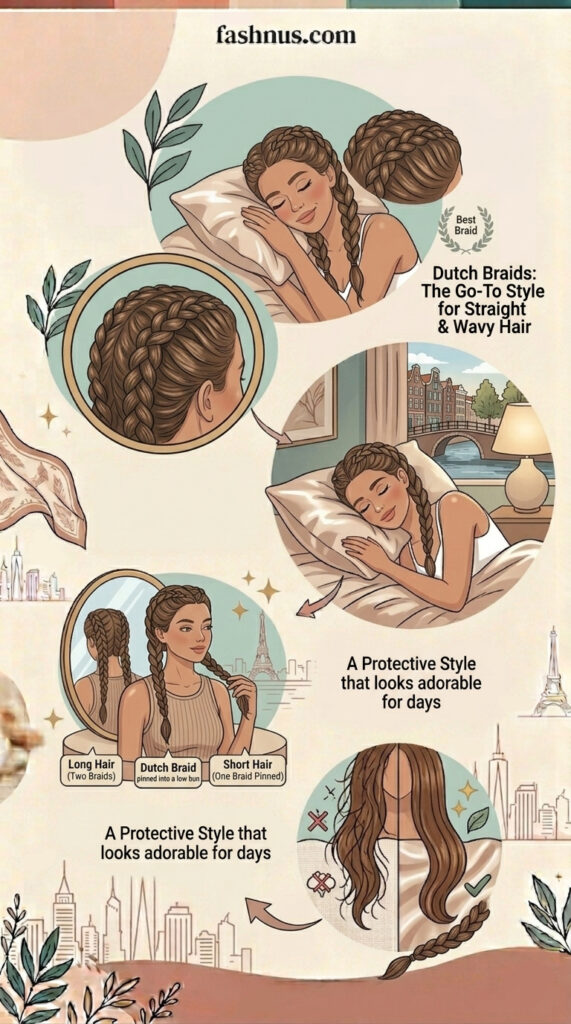 Illustrated guide from fashnus.com showing Dutch braids as the best overnight protective hairstyle for long, medium, and short hair — with variations including two braids for long hair, a Dutch braid pinned into a low bun, and one pinned braid for short hair, plus a before-and-after comparing unprotected versus braided hair on a silk pillow.