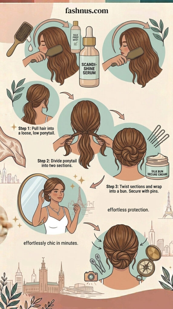 Step-by-step illustrated hair tutorial from fashnus.com showing how to create an elegant silk bun - applying Silk Prep Mist and Scandi-Shine Serum, pulling hair into a low ponytail, dividing into two sections, twisting and wrapping into a bun secured with pins and Silk Bun Secure Cream, for an effortlessly chic protective updo in minutes.