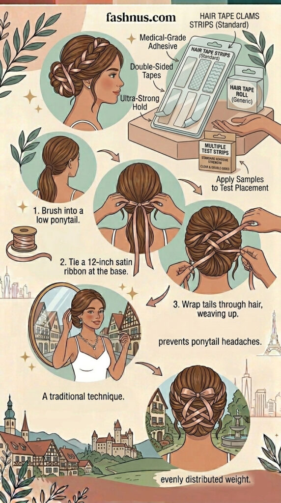 Step-by-step illustrated hair tutorial from fashnus.com showing how to create a ribbon-woven updo using medical-grade double-sided hair tape strips — brushing into a low ponytail, tying a 12-inch satin ribbon at the base, weaving ribbon tails through hair upward into an elegant braided bun, for a headache-free style with evenly distributed weight.