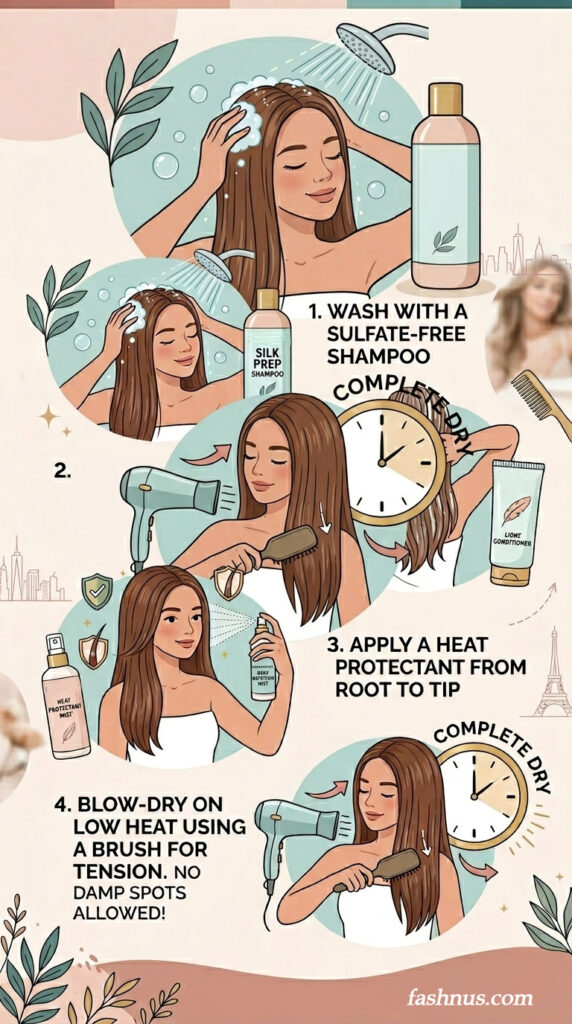 “Step-by-step hair care infographic showing a young woman washing and blow-drying sleek brown hair. The guide includes washing with sulfate-free shampoo, completely drying hair, applying heat protectant from root to tip, and blow-drying on low heat using a brush for tension. Decorative beauty elements and the website name fashnus.com appear at the bottom.”