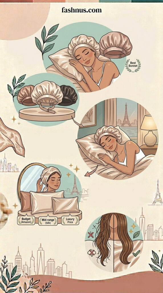 Illustrated Pinterest guide from fashnus.com showing the best satin sleep bonnets for hair protection — featuring a woman sleeping in a silk bonnet, bonnet styles compared across budget, mid-range, and luxury price points, and a before-and-after showing protected versus unprotected long hair overnight.