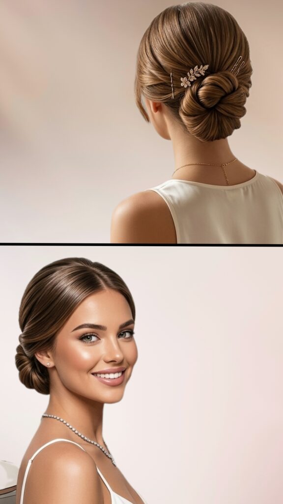 Two-panel image showing a polished low chignon hairstyle — back view of a woman with a sleek twisted bun decorated with a delicate leaf hair pin, and a front three-quarter view of a smiling young woman with the same elegant low bun, wearing a diamond necklace and white dress-perfect updo inspiration for weddings, formal events, and special occasions.