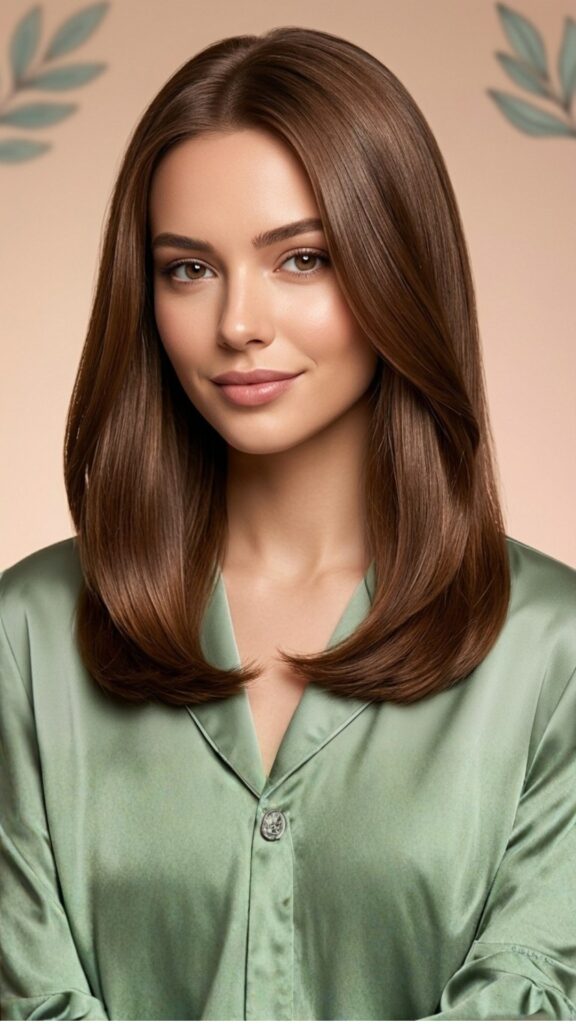 “Close-up portrait of a young woman with smooth, glossy medium-length chestnut brown hair styled in a sleek blowout with softly curved ends. She wears a satin sage-green blouse against a soft neutral background with subtle leaf accents.”