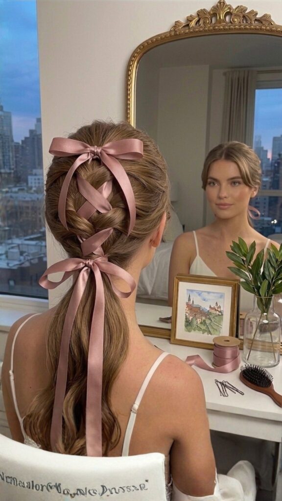 A young woman sitting at a white vanity with a gold ornate mirror, seen from behind, showing a stunning braided ponytail with pink satin ribbon woven throughout and tied into bows at the top and base — romantic ribbon braid hairstyle inspiration with a city skyline view at dusk.Bonus SEO tip: Image 2 is a very high-save Pinterest style — the ribbon braid trend performs exceptionally well. Consider targeting these keywords in your pin description:ribbon braid hairstyle
satin ribbon ponytail
coquette hair aesthetic
romantic braid ideas
bow hair trend 2025Want me to write the full Pinterest descriptions for these two as well?