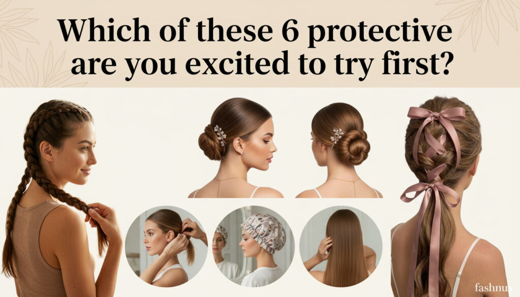 Collage of 6 protective long hair styles from fashnus.com including Dutch boxer braids, jewelled low chignon updo, sleek low bun, satin sleep bonnet, clipped low ponytail, and pink satin ribbon braid — best protective hairstyles for long hair growth and damage prevention.