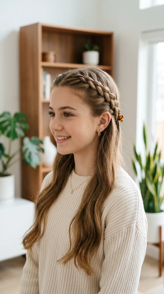 Easy braided headband hack for teen girls. This cute hairstyle uses Dutch braids to create a built-in headband look, perfect for school, sleepovers, or hangouts. A practical and stylish way to keep long hair off the face while maintaining a soft, natural look.
