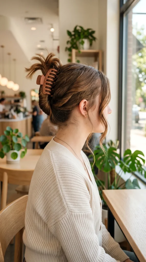 Effortless twisted claw-clip updo for teen girls. A chic and easy hairstyle using a matte claw clip to secure twisted hair, featuring soft face-framing strands. Perfect for school, weekend brunch, or casual hangouts, shown in a trendy and aesthetic cafe environment.