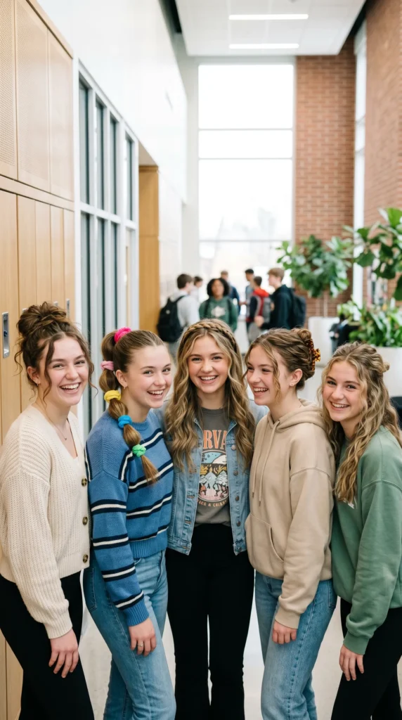 Group of five teenage girls showcasing "5 Cute & Easy Teen Girl Hairstyles" perfect for school. Features a variety of trendy looks including a messy bun, bubble pony, braided headband, claw-clip updo, and half-up knotlette. A high-quality, aesthetic image for hair inspiration and easy morning routines, captured in a natural school setting.