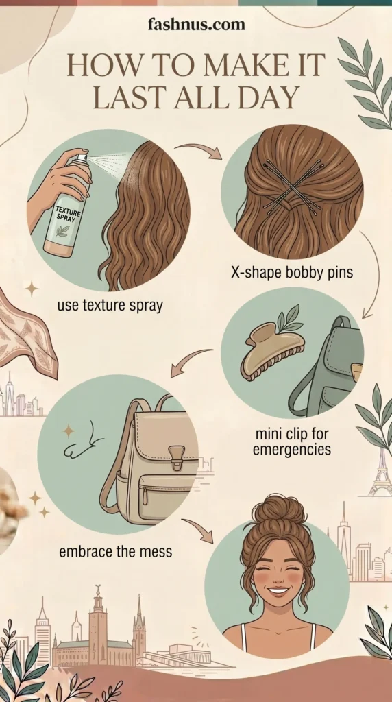 Visual guide on how to make teen hairstyles last all day. This illustrative hair care infographic provides tips like using texture spray, criss-crossing bobby pins for security, and keeping a mini clip in a backpack. Perfect for a lifestyle blog or Pinterest, featuring a clean and aesthetic hand-drawn style.