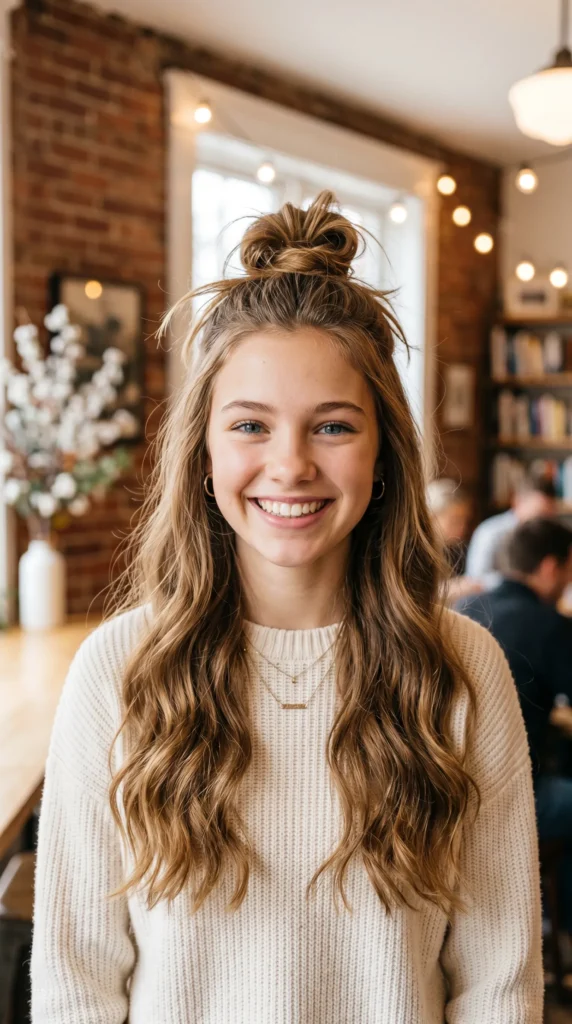 Trendy half-up knotlette hairstyle for teen girls. A cute and easy mini topknot on the front section of the hair, leaving the rest to flow naturally. Perfect for school, hangouts, or sleepovers, this versatile hair look works for all hair types and is shown in a warm, aesthetic indoor setting.