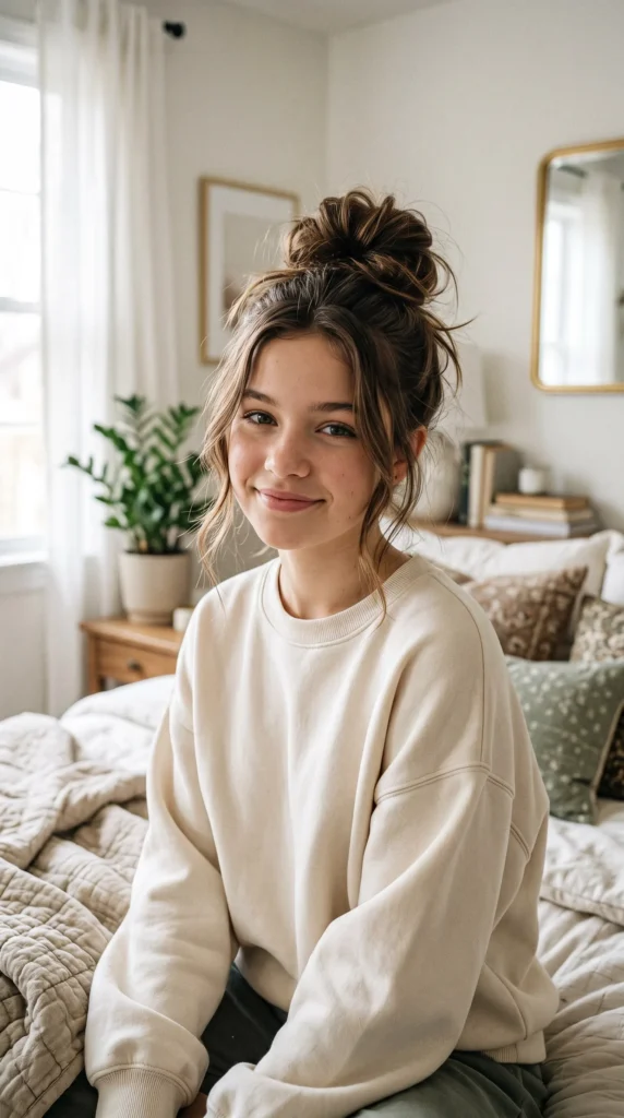 Effortless messy bun hairstyle for teen girls. A high, textured "woke up like this" bun with loose face-framing pieces, perfect for school or casual hangouts, shown in a trendy bedroom setting.