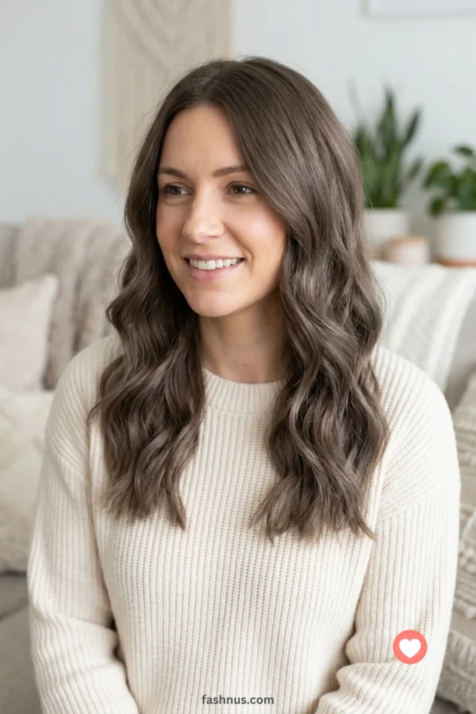 A medium-length vertical portrait of a woman showing off a solid classic ash brown hair color with soft, beachy waves, styled to look expensive and healthy.