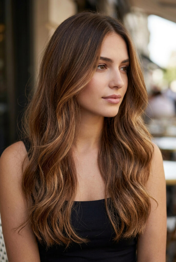 Long brunette hair with soft caramel and toffee highlights, representing low-maintenance hair colour ideas for brunettes.