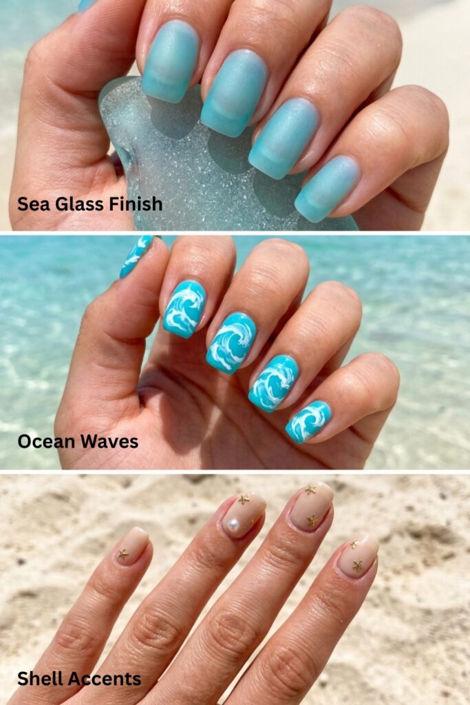 A vertical collage of three beach-themed manicures: top, aqua 'Sea Glass Finish' nails; middle, turquoise nails with abstract white 'Ocean Waves'; bottom, glossy beige nails with delicate gold starfish 'Shell Accents' resting on sand.