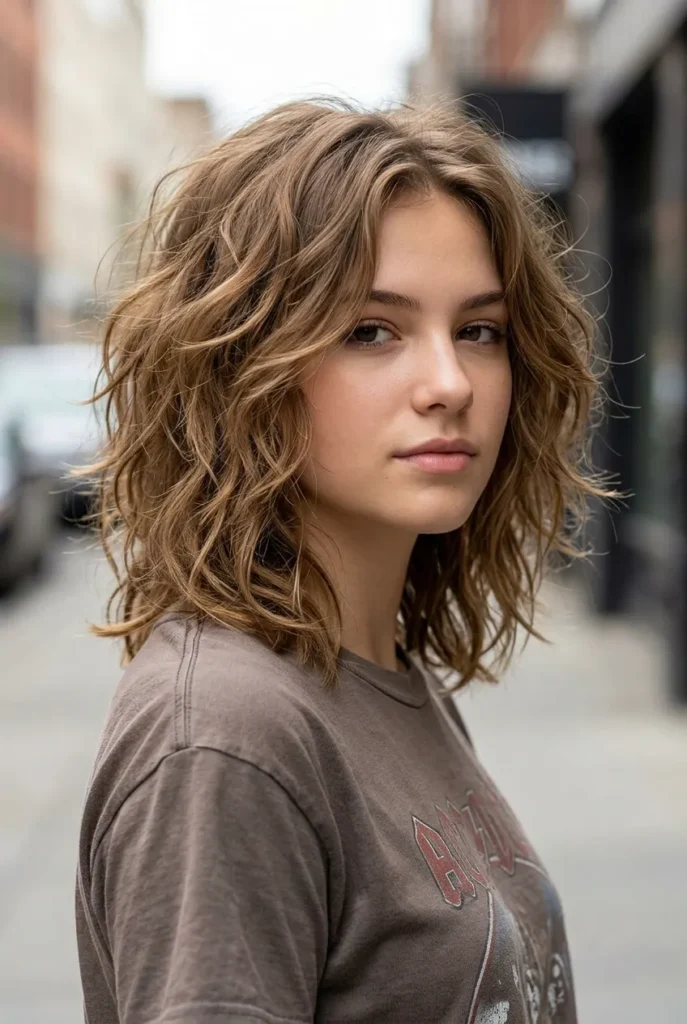 A 16-year-old girl with a messy, textured shag haircut and shoulder-length brown hair in an urban setting.