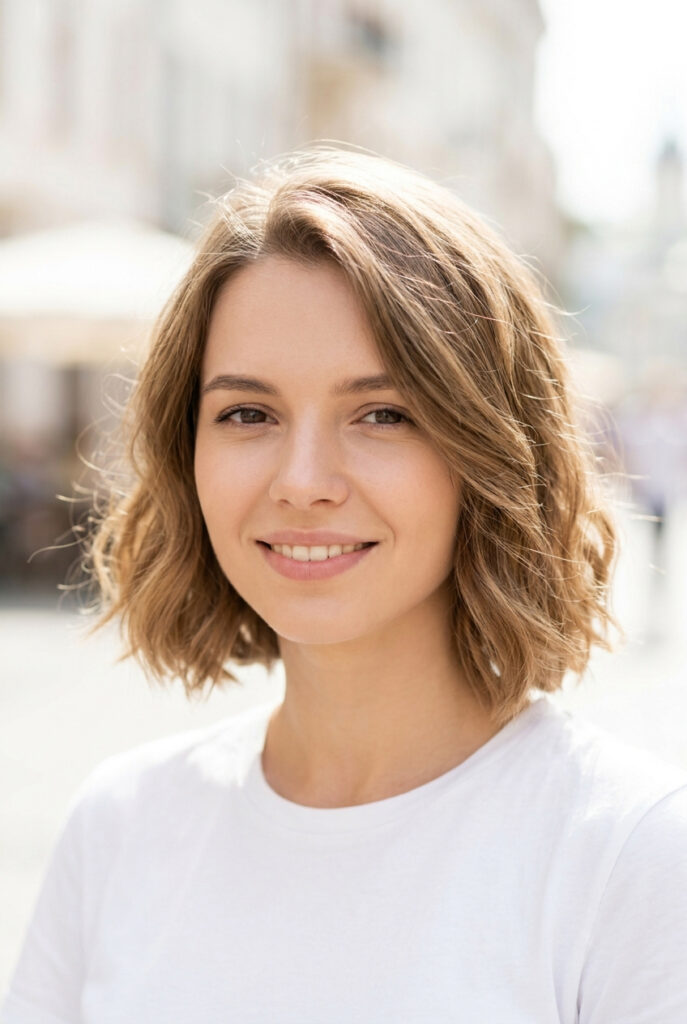 Portrait of a woman with a perfectly imperfect undone bob, showcasing soft natural texture and effortless chic in a sunlit cafe.