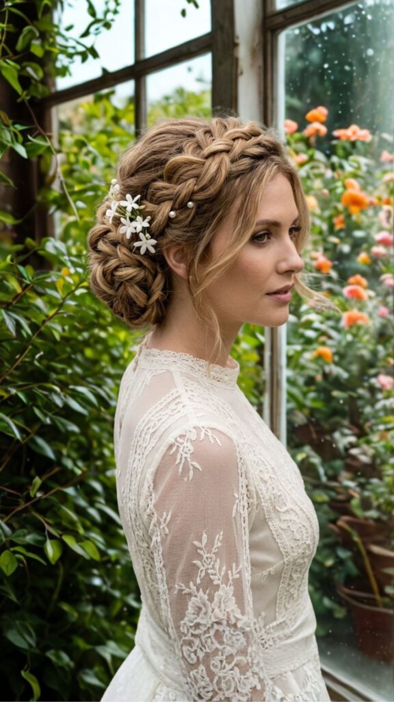 A profile view of a woman featuring an intricate blonde braided updo adorned with small white flowers and pearl accents, set against a backdrop of a rustic European stone village and rolling hills under soft daylight.