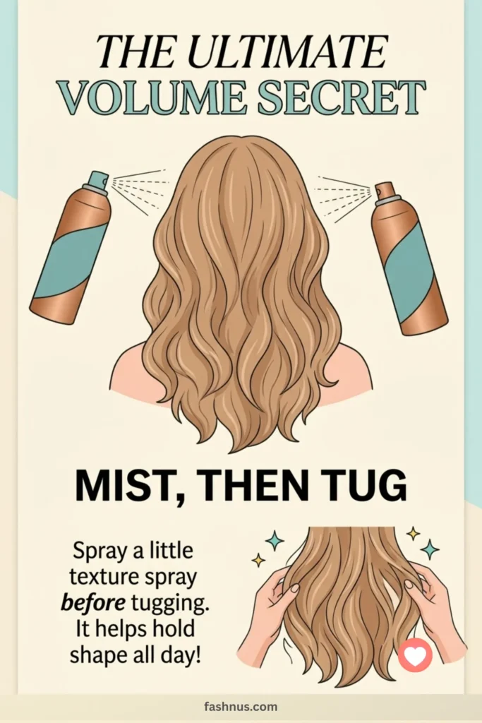 Vector illustration showing how to mist texture spray before tugging hair for all-day volume.