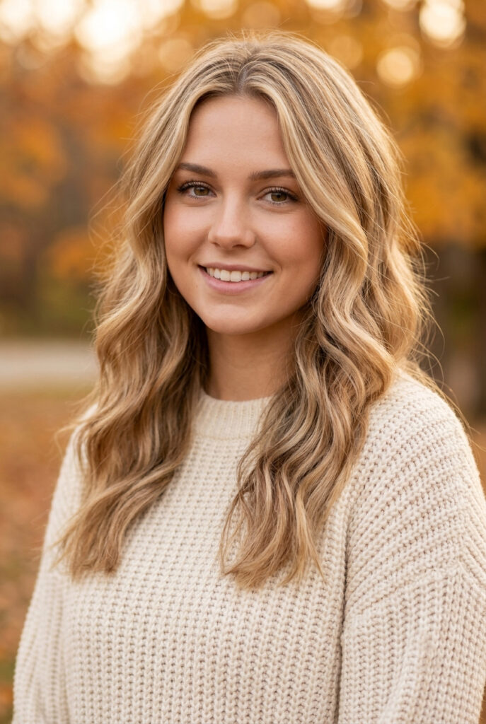 Warm honey butter blonde wavy hair, showcasing Fall hair colour trends 2026 for blondes.