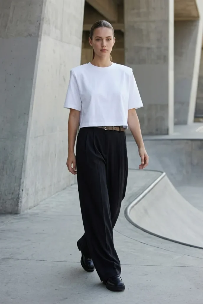 Model in white rigid shoulder crop tee and fluid black wide-leg trousers walking in a setting that mixes modern architecture and skatepark elements.