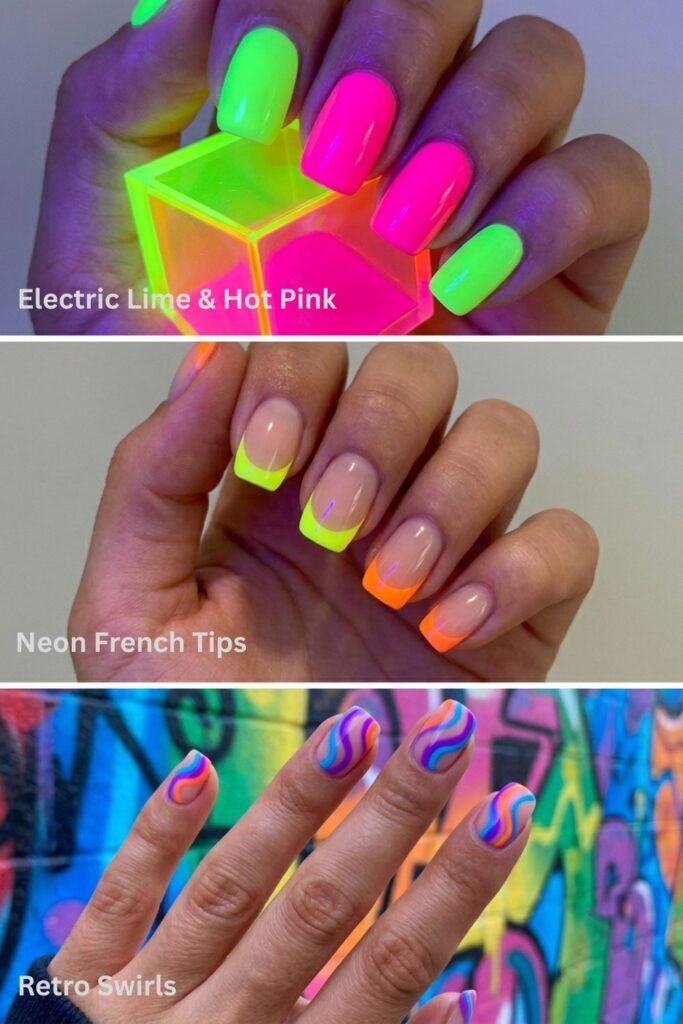 A vertical collage of three neon-themed manicures: top, mismatched vibrant lime green and hot pink; middle, sheer base nails with glowing fluorescent yellow and orange French tips; bottom, electric blue and purple retro 70s-style swirls.