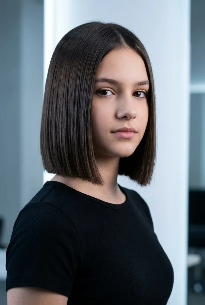 A 15-year-old girl with a sleek, dark modern blunt bob haircut that grazes her jawline.