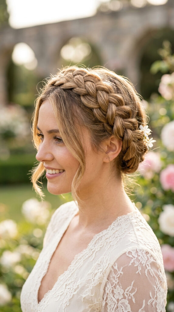 A vertical portrait photograph of a woman with a beautifully executed 5-minute crown braid hairstyle. The intricate-looking braid wraps around her head, sitting like a tiara, with textured, honey-blonde hair clearly visible in a Dutch braid pattern. She is smiling gently and looking slightly downwards, positioned in a sun-drenched outdoor garden setting with softly blurred background greenery and light florals, suggesting an elegant wedding guest or festival vibe. The image focuses on the top and side of her head, showcasing the continuous braided style and a few soft tendrils framing her face. She wears a cream lace dress.