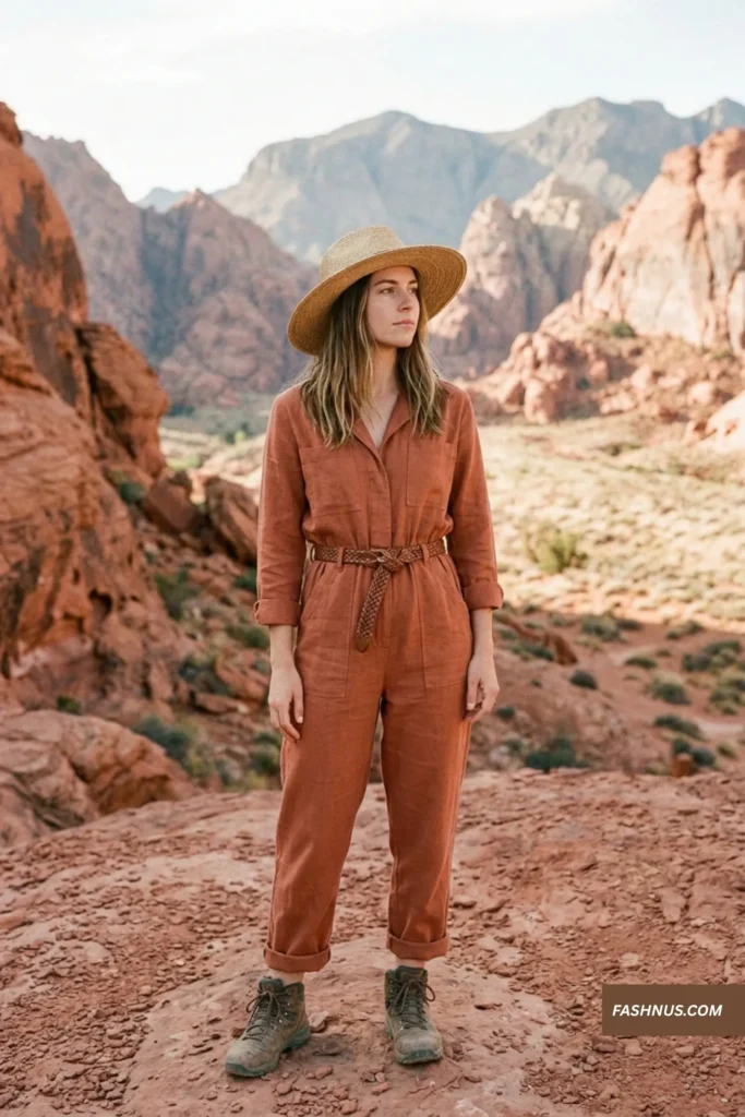A full-body vertical photo of a woman standing in a desert landscape of red rock formations and mountains. She is wearing a relaxed-fit terracotta linen utility jumpsuit with roll-up cuffs, a cinchable waist, and deep pockets. She wears hiking boots and a wide-brimmed straw hat, looking toward the horizon. The sunlight is warm and diffused.