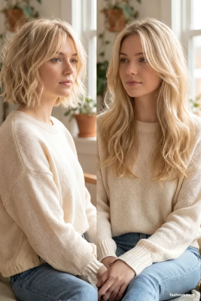 A side-by-side photo comparison of a woman wearing a textured short bob and long wavy blonde hair.