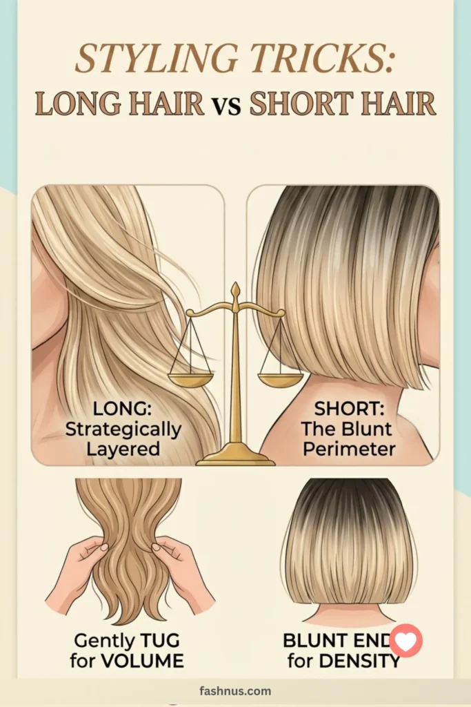 A comparison graphic illustrating how layered long hair can be 'pancaked' for volume, while short blunt bobs provide visual density