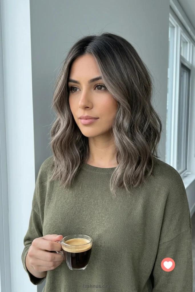 Chic, shoulder-length mushroom brown lob (long bob) featuring dark shadow roots and cool, dimensional ash-gray tones.