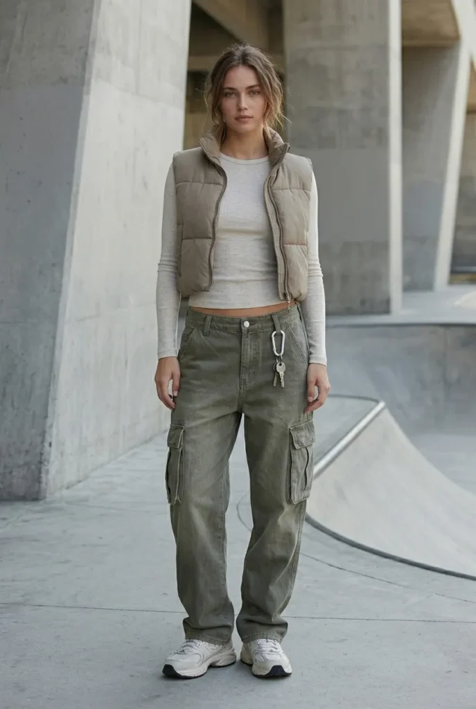 Model in tight oatmeal rib long-sleeve and very low-rise faded olive baggy cargo carpenters with large pockets and an unzipped puffer vest, in a grunge skatepark.