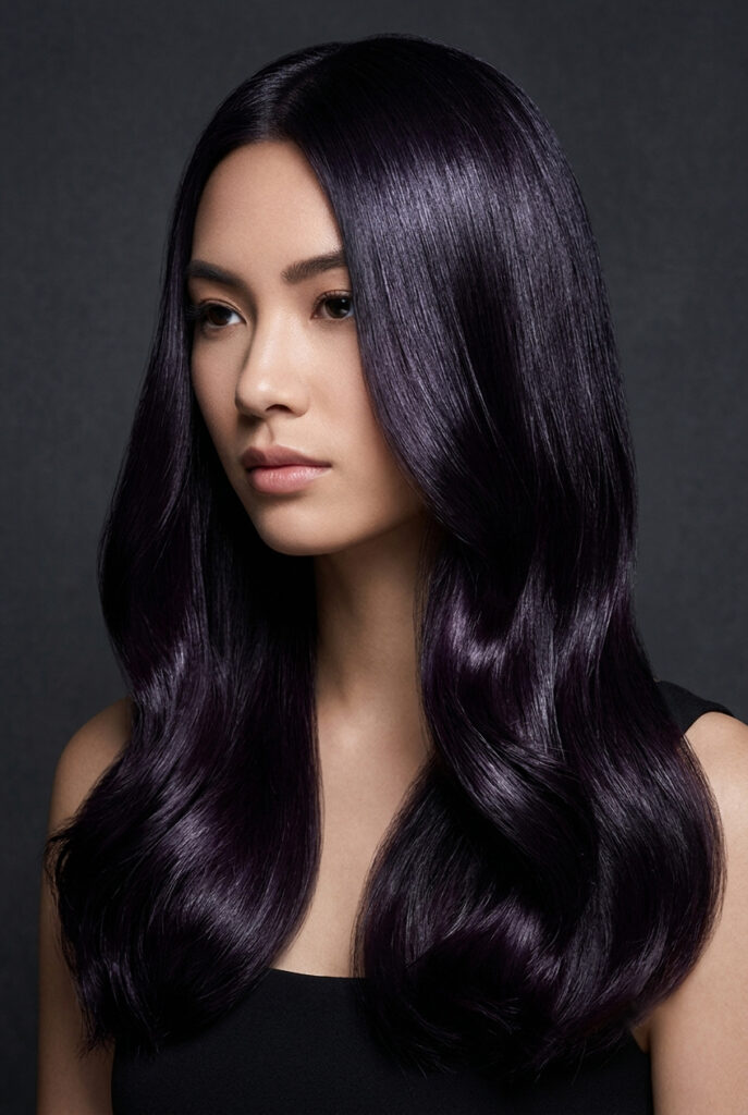 Dark, reflective hair with a deep midnight blackberry purple tone, illustrating vibrant hair colour ideas without bleach.